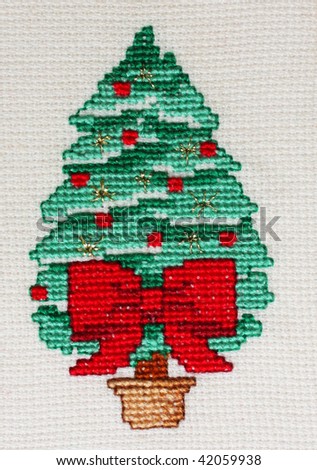 Cross stitch Christmas Card showing christmas tree