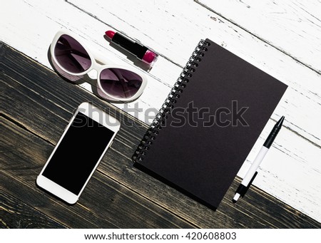 Flat lay photography with working woman's items, Workspace with female accessories and notebook