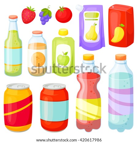 Drinks and soda bottle set. Beverage packaging:  plastic ans glass, cans, doy pack, jars, box. Cola, water, juice, soft. 