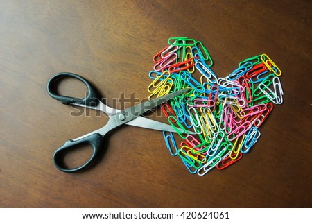 Scissors and paperclip on wood texture