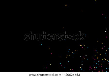 Colorful confetti vector on black background. Grainy abstract random texture design element. Colorful party background with glitter, sprinkles and space for your text on black. Distress. 