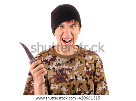 Young Gangster with Dirty Face and with a Knife Isolated on the White Background