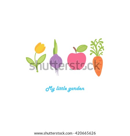 The tulip, onions, apple and carrot are built in a row. My little garden. Cute cartoon set of flower, vegetable and fruit. Hand-drawn vector illustration. Nature set isolated on white background.