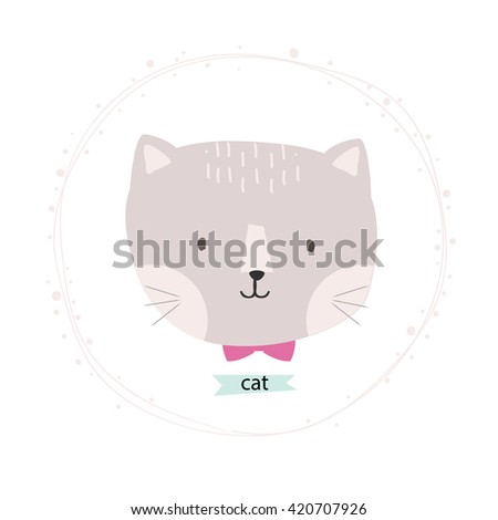 cute cat illustration vector in a floral wreath greeting card