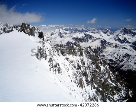 Mont Blanc, the highest mountain in the Alps and the highest in Europe west of the Caucasus peaks of Russia. It rises 4,808 m above sea level and is 11th in the world in topographic prominence.