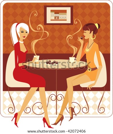 Two ladies drinking coffee in cozy cafe