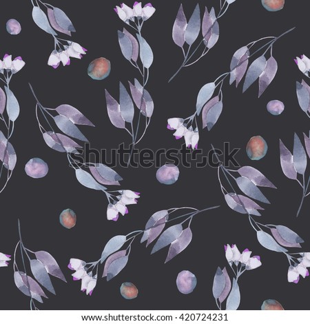 Seamless floral pattern with the watercolor simple blue abstract flowers, hand drawn on a dark background