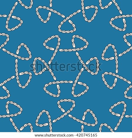 Abstract rope knot seamless pattern. Endless illustration with white cord ornament on blue background. Endless stylish backdrop. For fabric, wallpaper, wrapping.