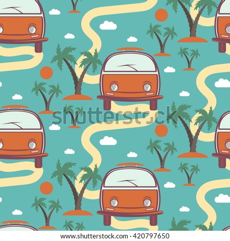Seamless pattern of retro Bus with surfboard in beach with palms. Vector illustration