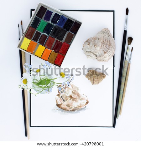 Art objects notebook, paint, brush, flowers, and seashells, flat lay, top view/time for creative impressions sea fantasy