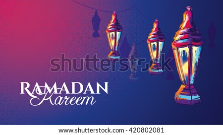 vector illustration of a lantern Fanus, the Muslim feast of the holy month of Ramadan Kareem. illustrations in the style of watercolor paints.  Royalty-Free Stock Photo #420802081