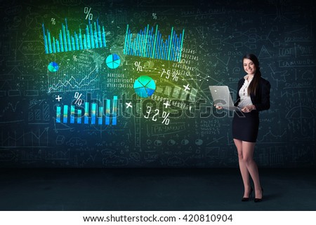Businesswoman in office with lapotp in hand and high tech graph charts concept on background