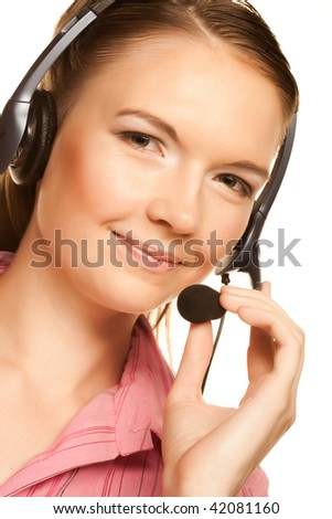Portrait of friendly secretary/telephone operator wearing headset isolated over white background