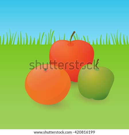 green apple , red apple , juicy orange on the grass a summer day vector illustration