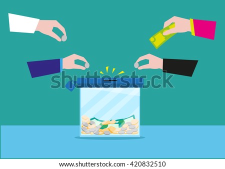 Hands putting money in a glass box or still bank container. Donation or bank savings concept. Editable Clip Art.