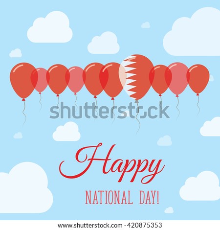 Bahrain National Day Flat Patriotic Poster. Row of Balloons in Colors of the Bahraini flag. Happy National Day Bahrain Card with Flags, Balloons, Clouds and Sky.