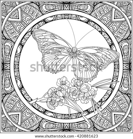 Tropical animals and plants on decorative pattern background. Outline drawing. Vector illustration. Good for adult coloring book