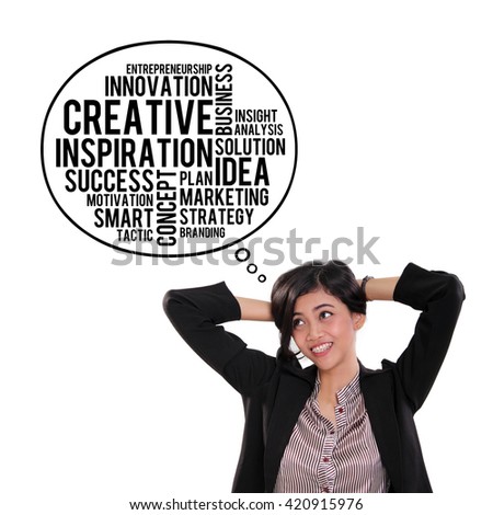 Attractive Asian businesswoman looking at thought bubble of creative business typography doodle, over white background