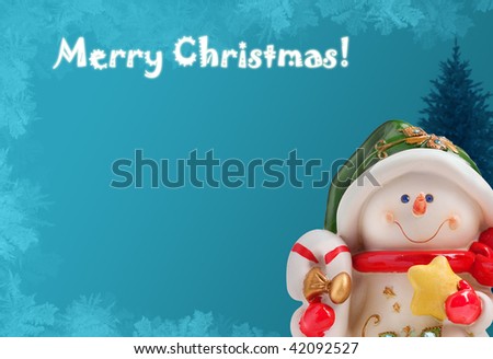 Christmas greeting card with a snowman, a xmas tree and ice frost
