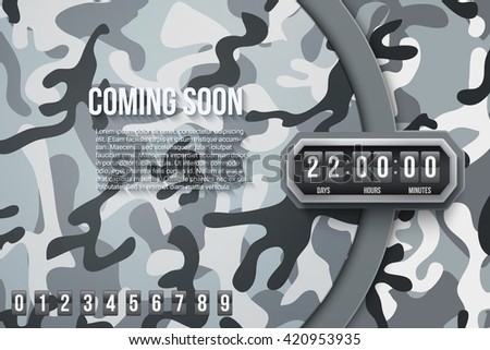 Creative Military City Camouflage Background Coming Soon and countdown timer with digit samples. Vector Illustration.