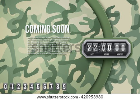 Creative Military Camouflage Background Coming Soon and countdown timer with digit samples. Vector Illustration.