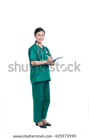 Full body of Asian Female Doctor Filling The Medical Form. Friendly smiling young female doctor, isolated over white background