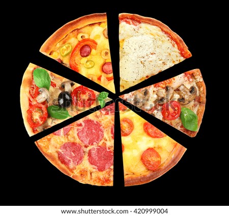 Different slices of pizza isolated on black