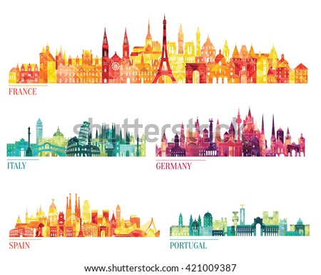 Skyline detailed silhouette set (France, Italy, Germany, Spain, Portugal). Vector illustration Royalty-Free Stock Photo #421009387