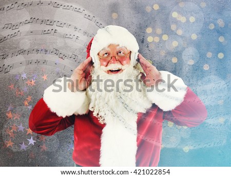 Santa Claus listening to music against musical background with notes and lights
