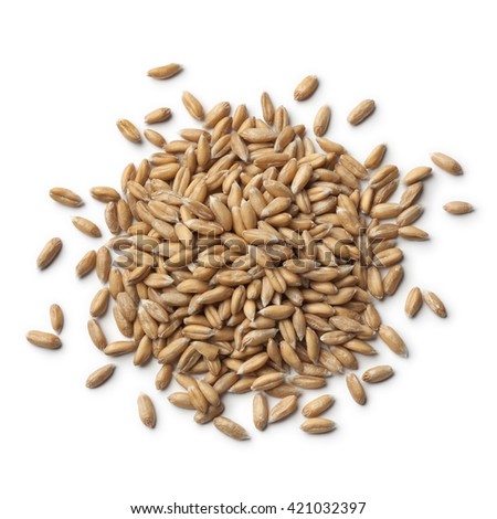 Heap of raw Spelt wheat  on white background Royalty-Free Stock Photo #421032397