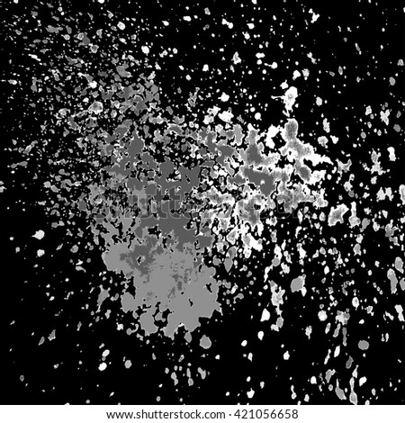 Vector silver glitter paint splash, splatter, and blob shiny on black background. Glowing spray stains placer abstract background, vector illustration.