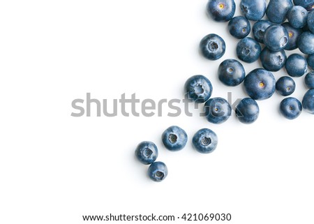 Tasty blueberries isolated on white background. Blueberries are antioxidant organic superfood. Royalty-Free Stock Photo #421069030