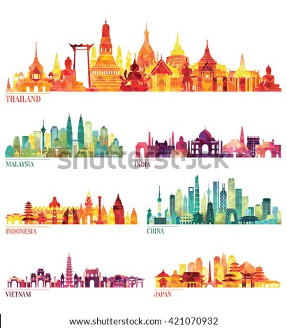 Skyline detailed silhouette set (Thailand, Malaysia, India, Indonesia, China, Vietnam, Japan  ). Vector illustration Royalty-Free Stock Photo #421070932