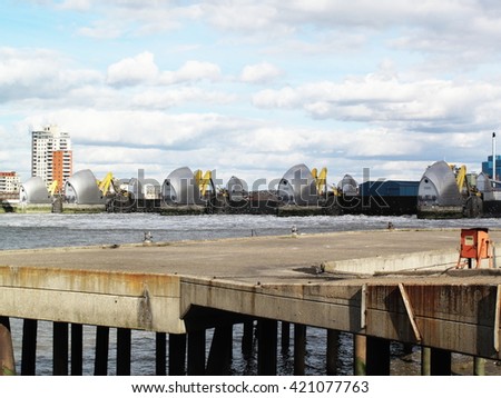The Thames Barrier, Greenwich, London, England, UK, shown in operation with it's flood gates closed. The Barrier was built between 1974-82 and is the world's second largest flood control barrier