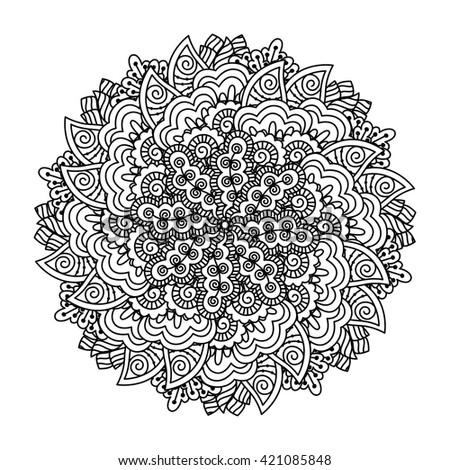 Round element for coloring book. Black and white ethnic henna pattern. Floral mandala.