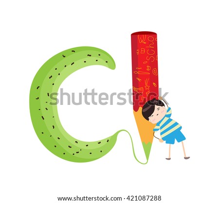 Illustration of a Kid Leaning on a Letter C