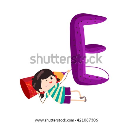 Illustration of a Kid Leaning on a Letter E