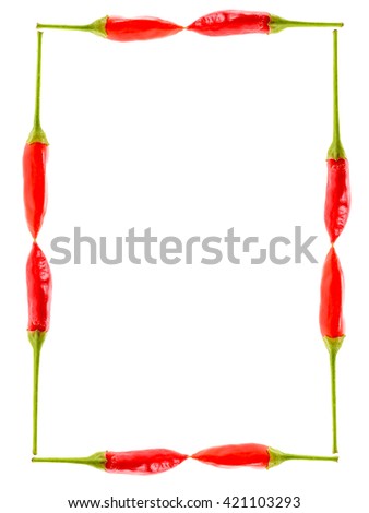 Picture Frame made of Red hot chili peppers Cayenne, Serrano with green stem. Cayenne, Serrano or Sicilian variety of chili. Studio image Isolated  on white background. jj