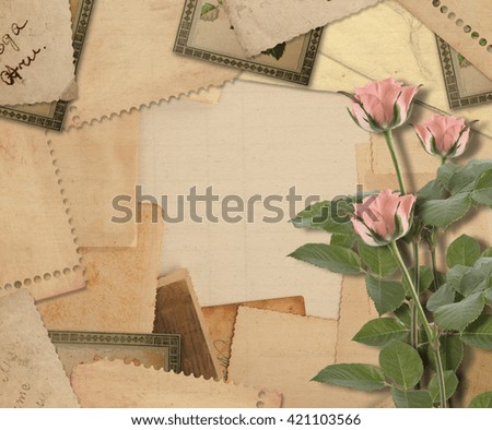 Old vintage archive with photos, letters and pink roses