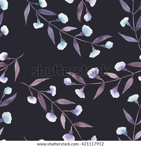 Seamless floral pattern with the abstract watercolor purple and blue branches with flowers, hand drawn on a dark background