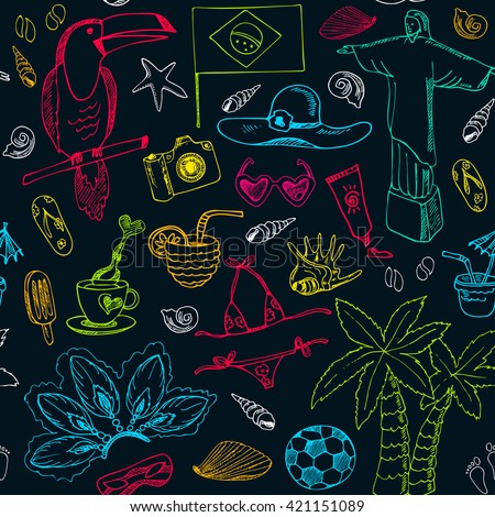 Hand drawn doodle Brazil seamless pattern. Sketchy Icons set. Travel  Collection. Isolated vector illustration.