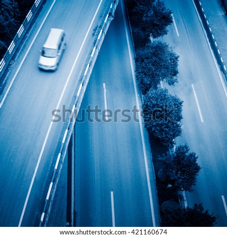 aerial view of traffic on chongqing overpass ,china,blue toned image.