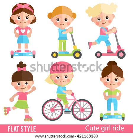 Funny girl riding on scooters, roller skates and bike. Cute children sports ride. A set of characters in a flat style. Girl on scooter. Girl on a skateboard.