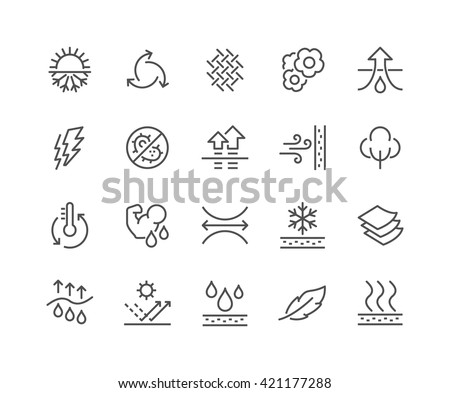 Simple Set of Fabric Feature Related Vector Line Icons. 
Contains such Icons as Waterproof, Layered Structure, Breathable fiber, Ultraviolet Protection and more. Editable Stroke. 48x48 Pixel Perfect.  Royalty-Free Stock Photo #421177288
