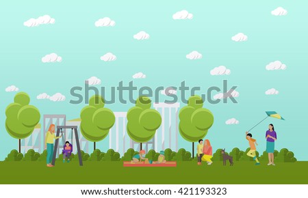 Family in park concept banner. People spending time with kids and friends in park. Vector illustration in flat style design.