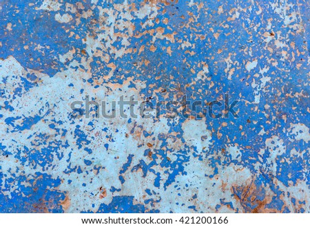 Grunge bright background with blue color. Blue metal corrosion surface.