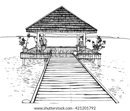 Travel to the Maldives, jetty, sea, ocean, coloring for adults, vector illustration.
