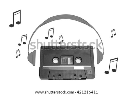 Audiotape and headphone draw on white background