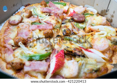 Seafood Pizza in Box Closeup shot