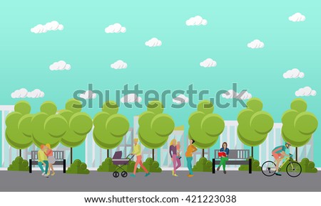 Family in park concept banner. People spending time with kids and friends in park. Vector illustration in flat style design.